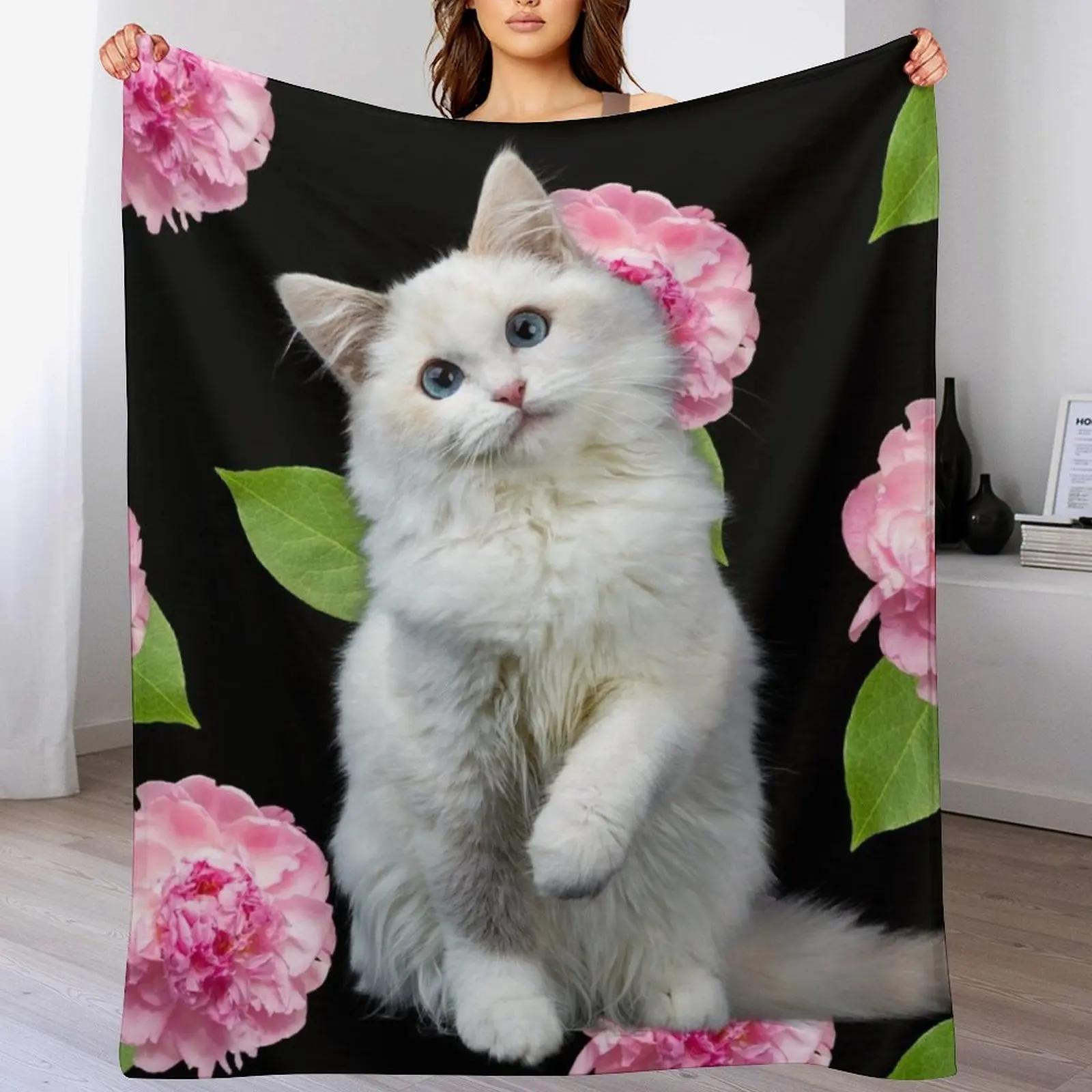 

White Kitten and Pink Peonies Flowers Plants Throw Blanket Soft Comfort Blanket for Reading Watching TV 102x76cm(40x30in)
