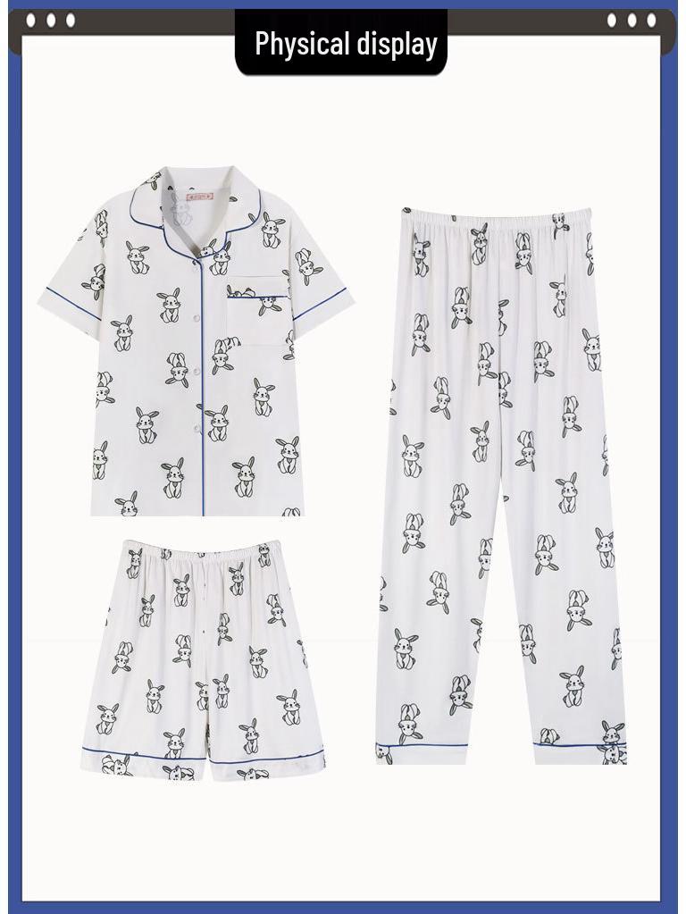 Pastoral Women's Pajama Set: Soft, Cute Rabbit Design, Short-Sleeve, Casual Three-Piece Loungewear.