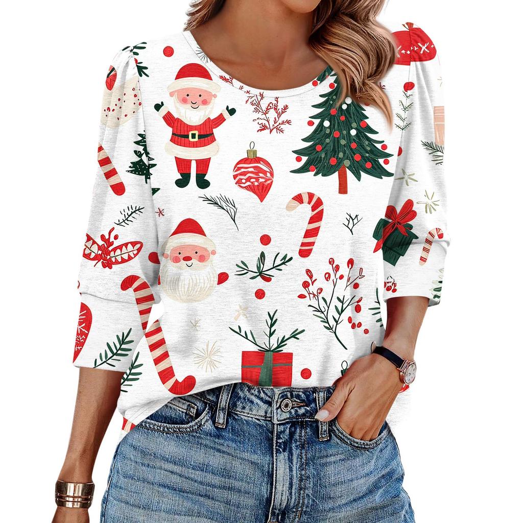 Women's Fashion Casual 3/4 Christmas Print Color Shirt Women's Round Neck Tops