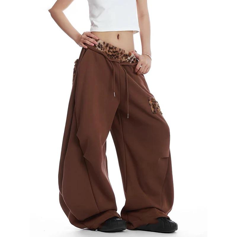 Damen Braun Jogginghose Baggy Leopard Patchwork Hose Harajuku Ästhetik Y2k Vintage Oversize Hose Herbst