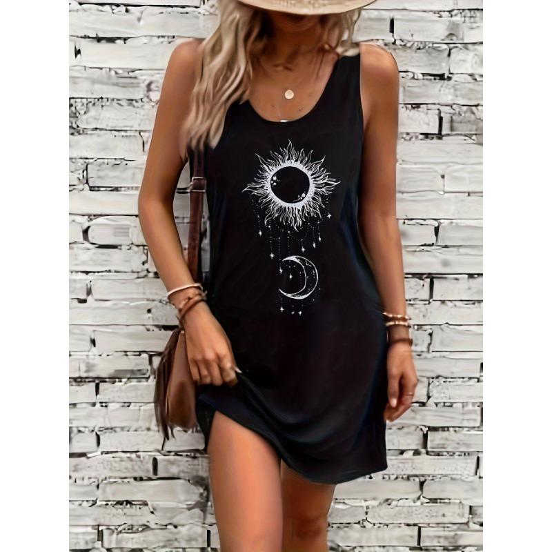 Women s Summer Sleeveless Tank Top Dress Sexy Women s summer loose sleeveless short mini dress with black print L