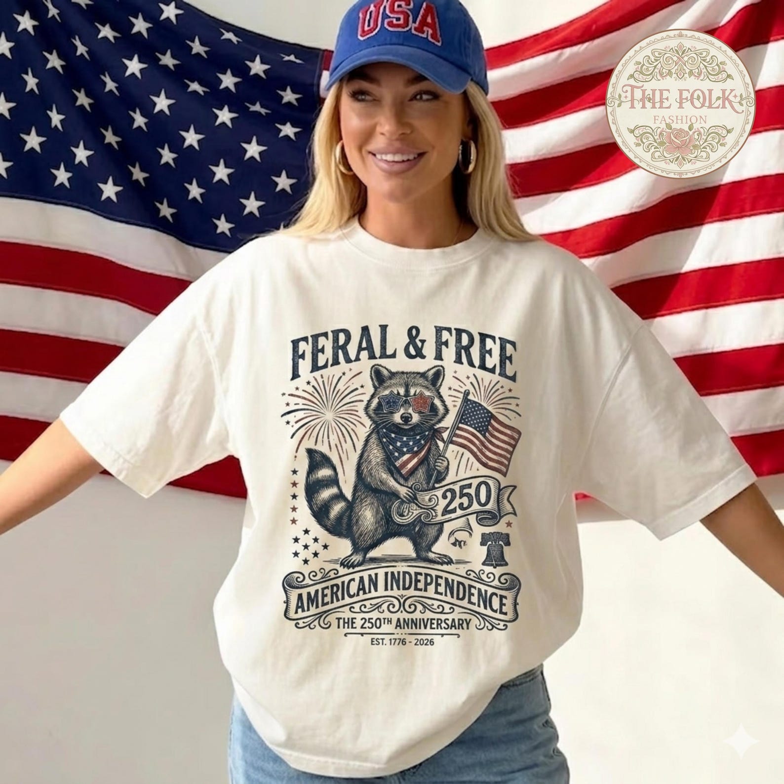 Feral and Free Raccoon Shirt, 250th USA Independence Tee, Vintage American Flag T-shirt, Western Patriotic Top, 4th of July Raccoon Shirt M