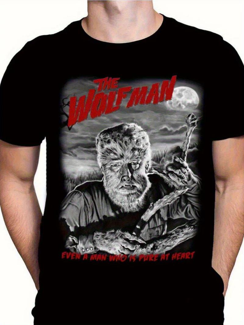 Spring and summer mens retro 1940s werewolf horror movie Tshirt werewolf full moon Larry Curtis monster pattern casual S