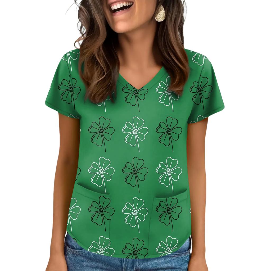 Damen V-Ausschnitt Saint Patrick's Day Print Kurzarm Tasche Seitenschlitz Top