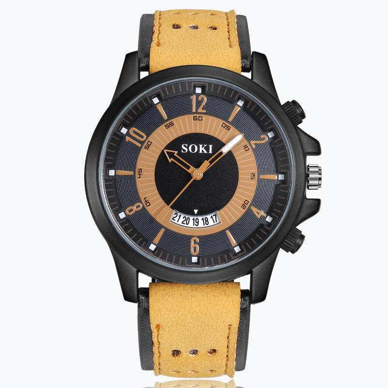 Men Leather Strap Calendar Quartz Watch Sports Wristwatch
