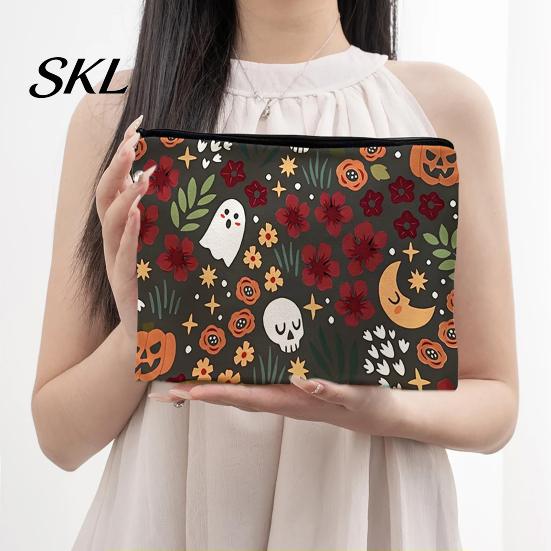 Reusable Halloween Storage Bag, with Pattern Printed, Smooth Zipper Bag Canvas Makeup Large Capacity Travel Cosmetic Pouch