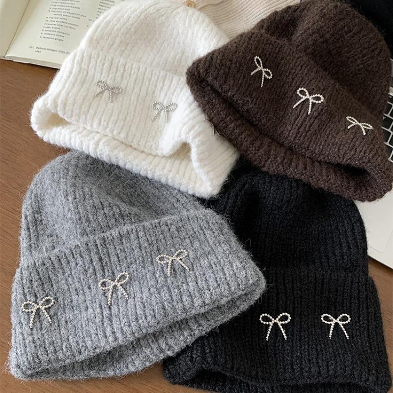 Bow Gray Wool Hat Women's Autumn and Winter Big Head Circumference Thickened Warm Knitted Hat Showing Small Face Ear Protection Hat