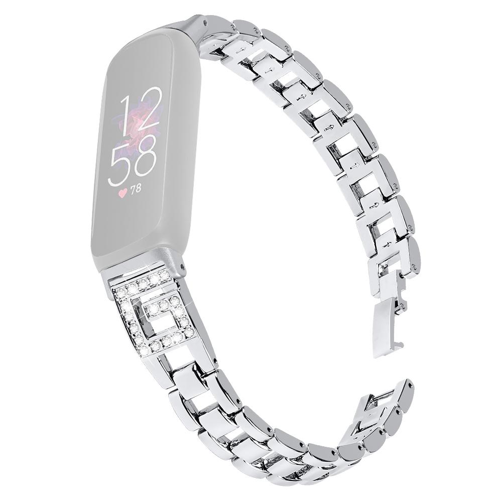 

For Fitbit Inspire 3 G-shape Rhinestone Decor Metal Wrist Strap Replacement Watch Band Silver