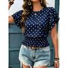 Women Polka Dot Print Round Neck Ruffled Short Sleeve Smocked Waist Casual T Shirt Top