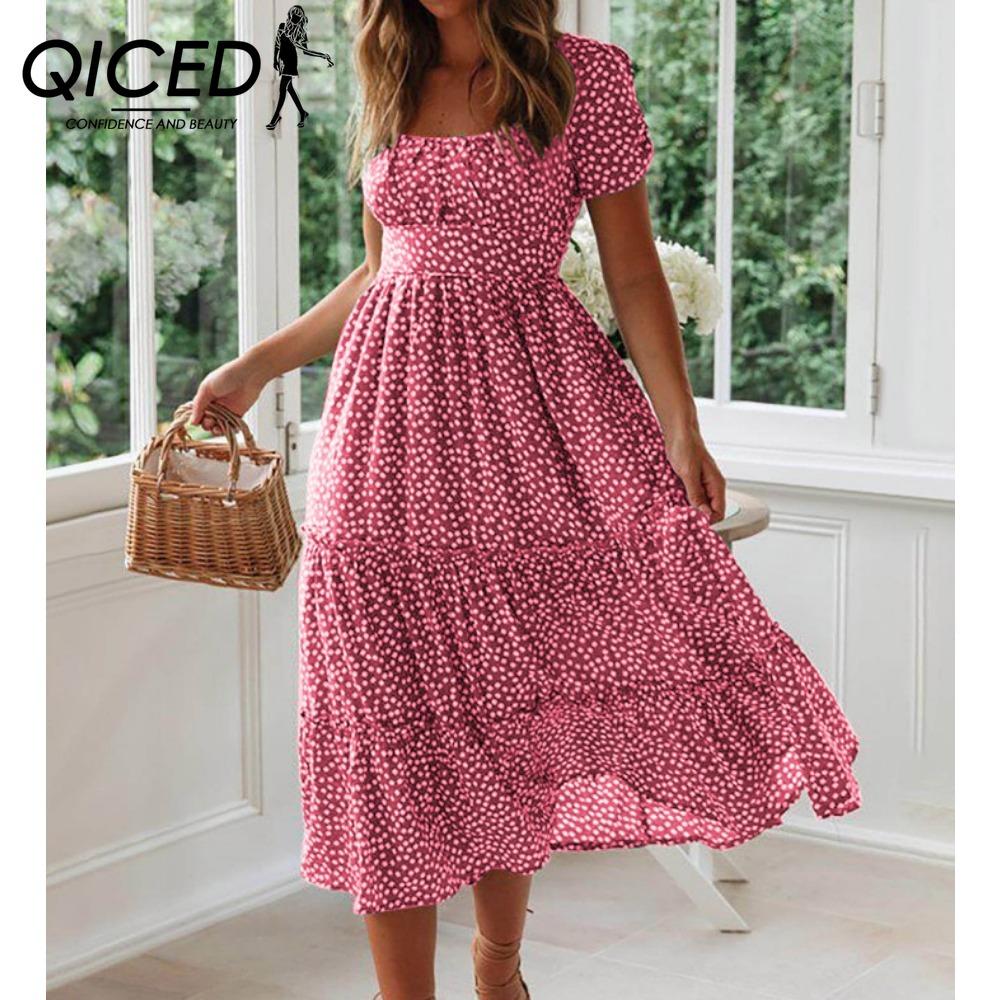 QICED Summer Love Polka Dot Dress Women Casual A-Line Short Sleeve Square Collar Ruffle Midi Dress Chiffon Red Black Blue Green
