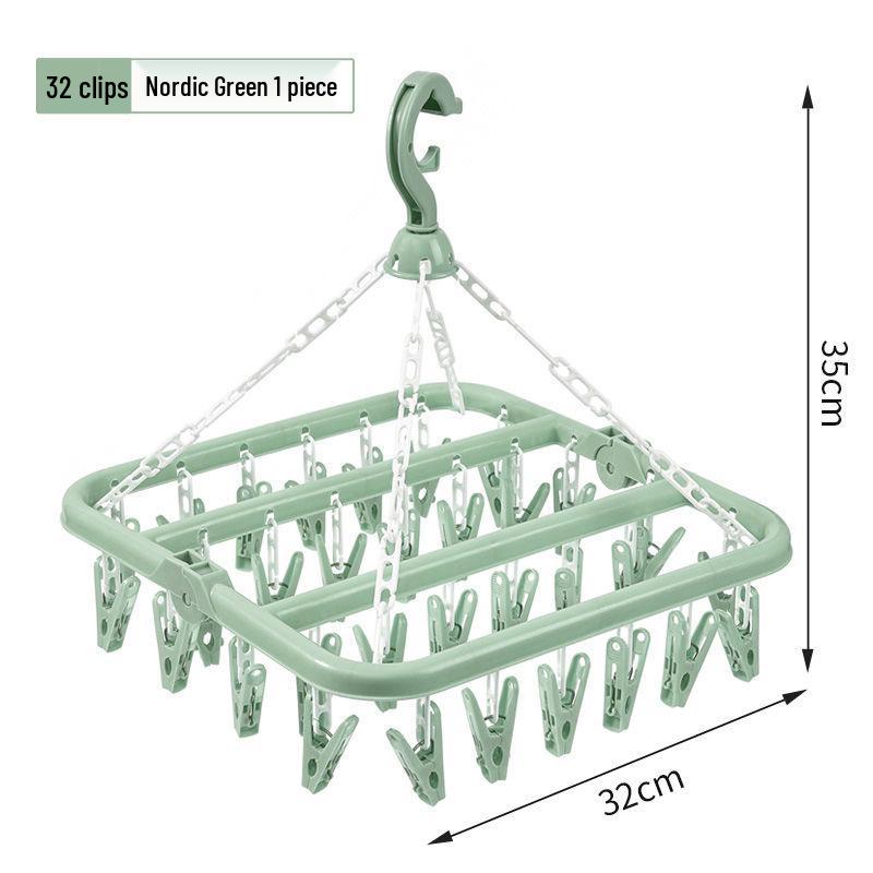32-Clip Multi-Functional Folding Clothes Drying Rack - Windproof Plastic Hanger for Socks and More