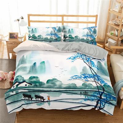 Ink Painting King Queen Duvet Cover Chinese Landscape Painting Bedding Set Adults Idyllic Scenery Mountain Polyester Quilt Cover