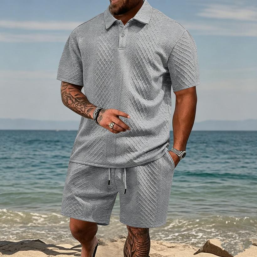 European and American Men's Summer Thin, Loose, Breathable, Casual Solid Color Jacquard Lapel Short Sleeved Polo Shirt for Men