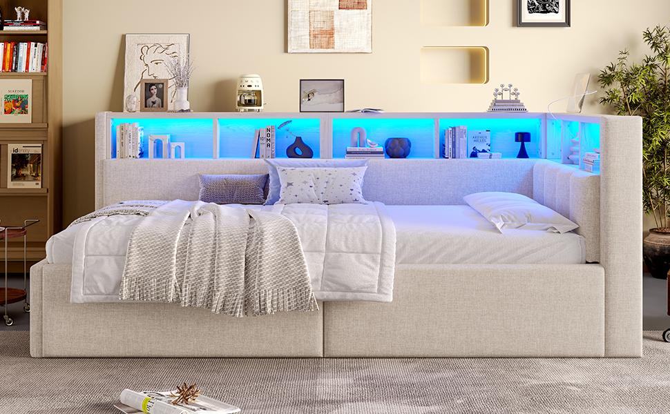 Tagesbett, Schlafsofa, 90 × 200 cm, USB + Typ-C Anschlüsse, Hydraulischer Stauraum, Staufächer, Mehrfarbige LED-Streifenbeleuchtung, Ohne Matratze, Leinen, Beige