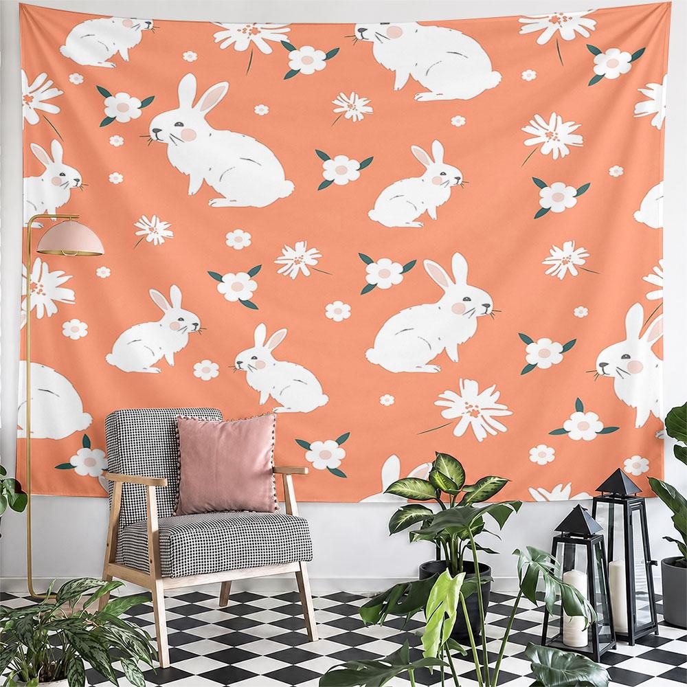 White Bunny Pattern on Orange Background Pattern Wall Hanging Tapestry Decorative Tapestry Home Decor for Bedroom and Living Room