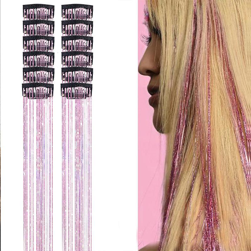 Box Set of 12 Pieces of Wigs with Laser Gold Wire Extensions for Women's Shiny Colored Silk Wigs