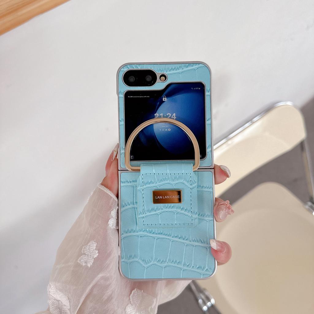Hand Carry Ring Folding All-Inclusive Protective Cover for Samsung Z Flip7/6 Z Flip3/4/5 Crocodile Pattern PU Leather Phone Case
