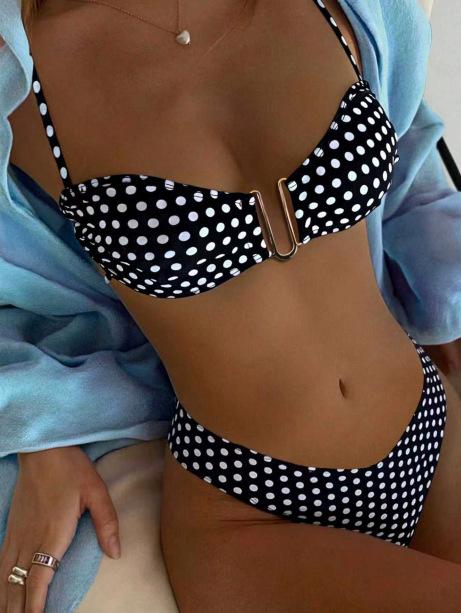 European and American 1011 Women's Polka Dot Print Contrasting Colors Cute Rear Lace-up Knotted Bikini Suit Vacation Swimsuit