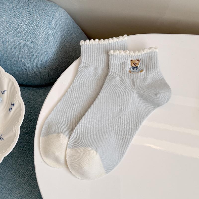Socken mit Schleife - Kinder-Schweißabsorbierend und Atmungsaktiv Cartoon-Bär-Muster Schnürsenkellose Bootssocken