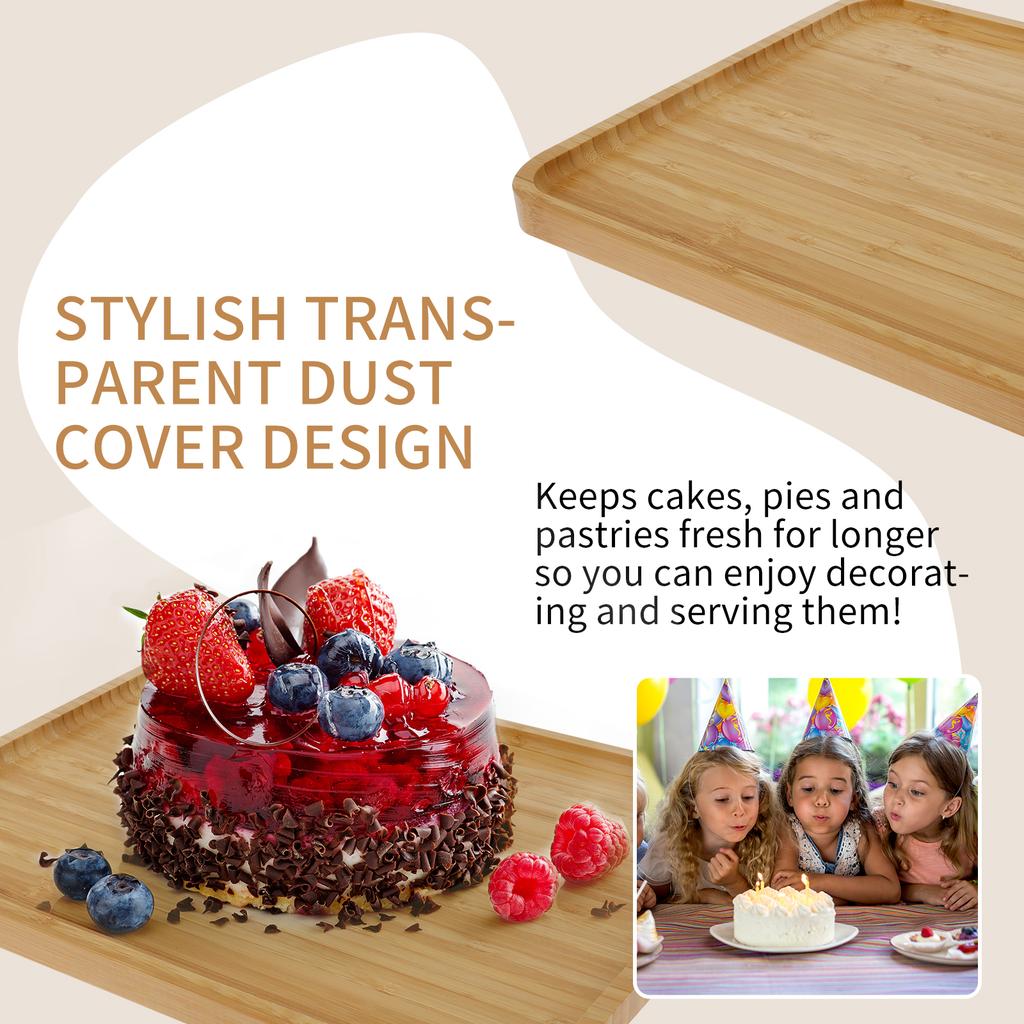 Bamboo Wood Cake Stand Rectangular/Round Snack Display Server Tray with Dust Cover Portable Dessert Plate for Small Party Picnic
