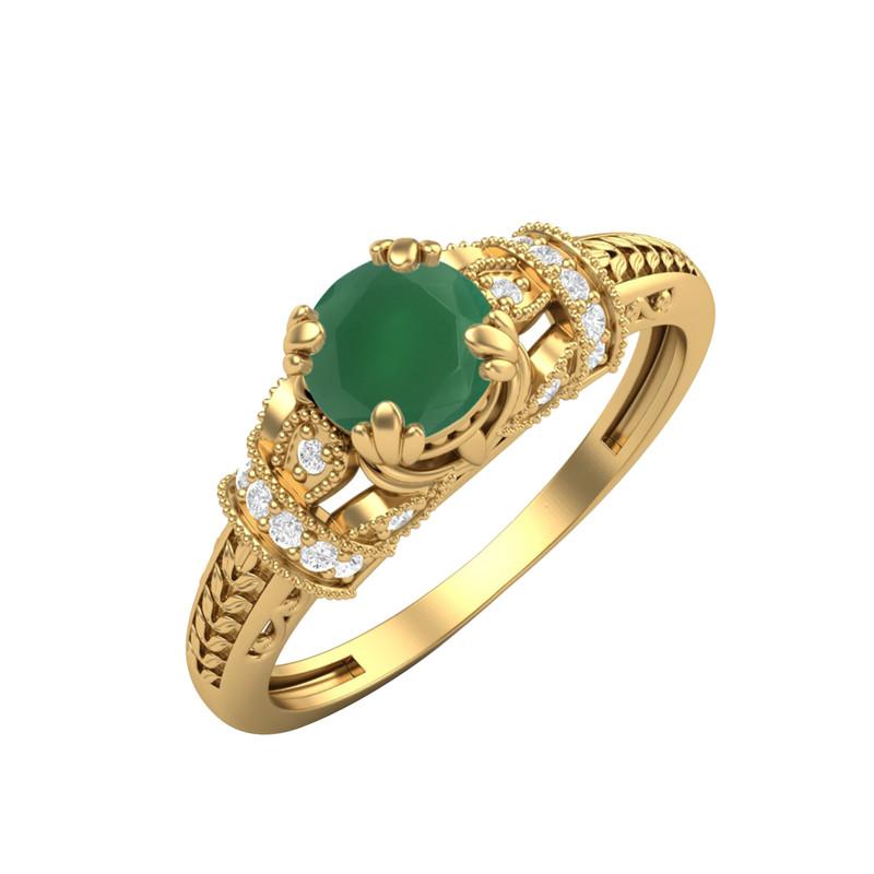 

5MM Round Green Onyx Gemstone 925 Sterling Silver Gold Plated Solitaire Blossom Design Women Wedding Ring 9.5 жовтий