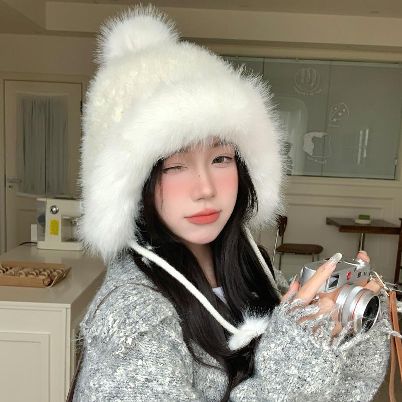 Korean Versatile Big Head Circumference Plus Velvet Thickened Warm Hat In Winter Cute Fur Ball Bag Head Hat Windproof Ear Protection Hat Women