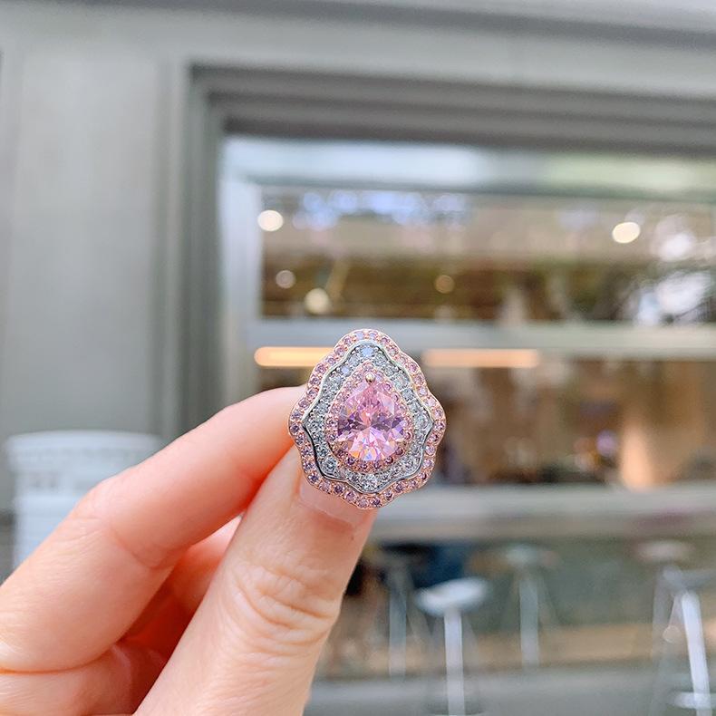 New Pink Ring With Micro Inlaid Pear Shaped Colored Jewelry Retro Exaggerated Zircon Female
