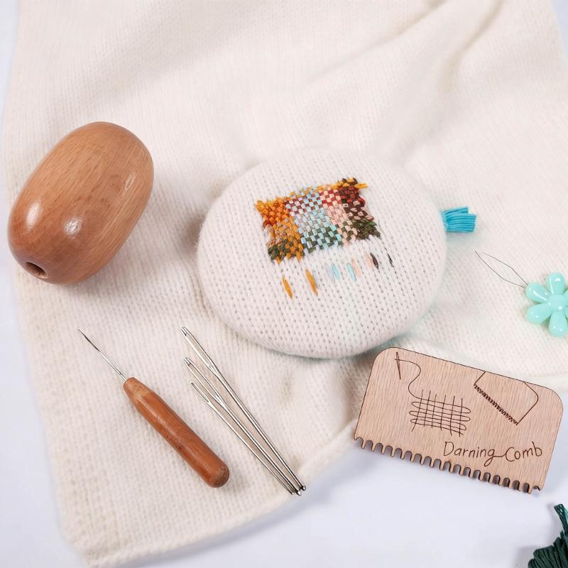 Wood and Stainless Steel Darning Board Set for Professional Clothing Hole Repair Tasks Including Polyester Thread