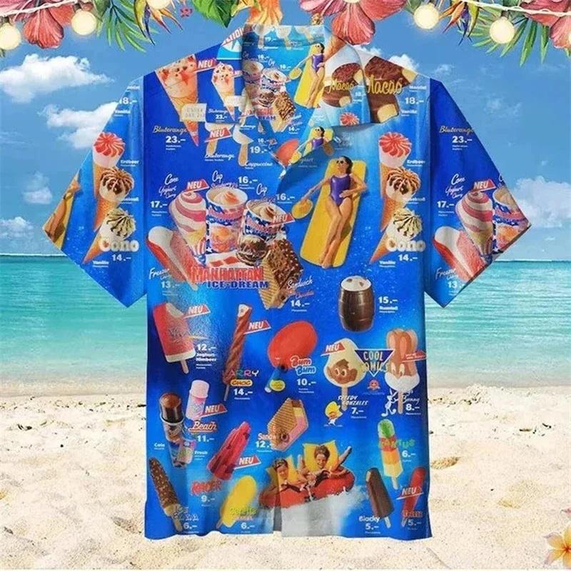 Kaltes Eis-Grafik Hawaiianisches Hemd für Herren 3D-Druck Eislutscher Aloha Hemden Sommer Kurzarm Strand Revers Bluse Oberteile
