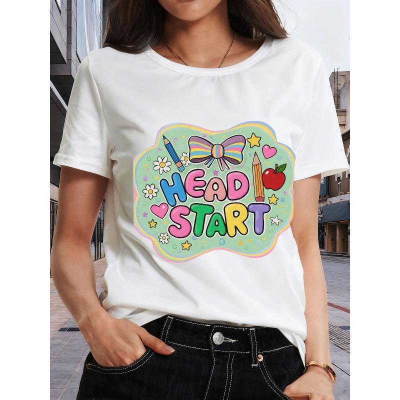 

Summer Casual T - Shirt for Women with HEAD START Colorful Graphic (Blue/ Pink/ Green Letters, Pencil/ Bow/ Apple/ Stars/ Hearts/ Flowers) S белый