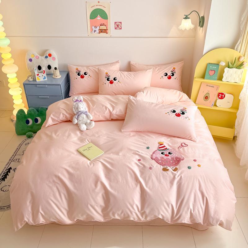 Pure Cotton Cartoon Towel Embroidered Bedding Set: Includes Quilt, Bed Sheet, and Pillowcases
