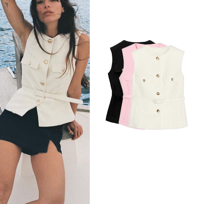 Spring New Women Clothes Simple Style Round Neck Metal Buckle With Belt Punk Texture Vest 2132904
