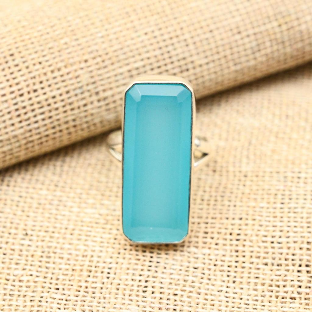 Gema Calcedonia Azul Hecho a Mano Joyería de Plata de Ley 925 Anillo Asombroso Para Ella