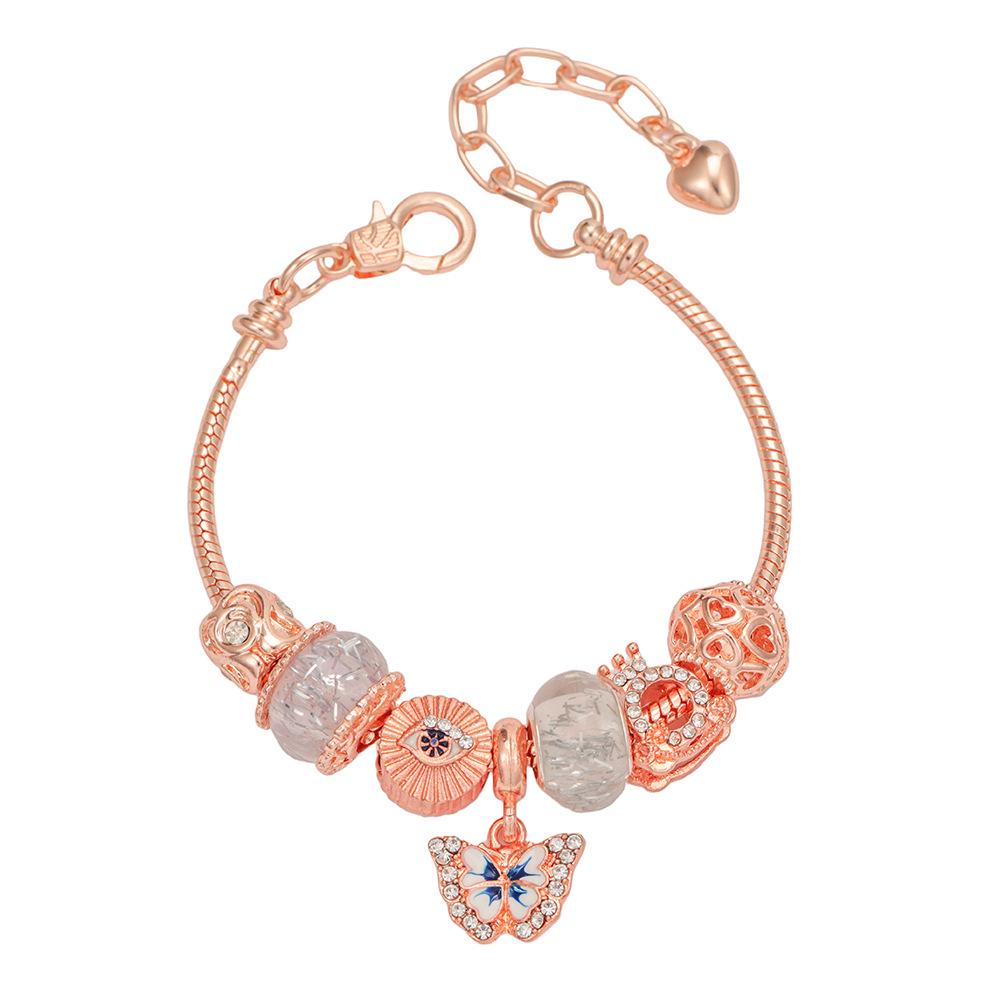 Sweet Pink Heart Butterfly Beaded Bracelet for Women