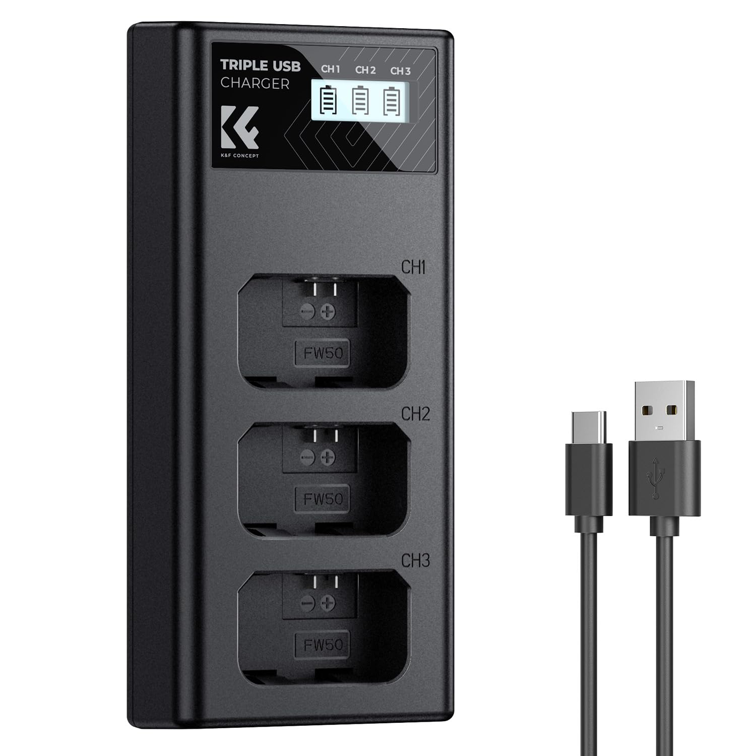 

CONCEPT Camera Charger with Battery Level Compatible with Sony Camera Battery USB Charger K&F NP-FW50 Charger, 3-Slot Display, Charger, Type-C