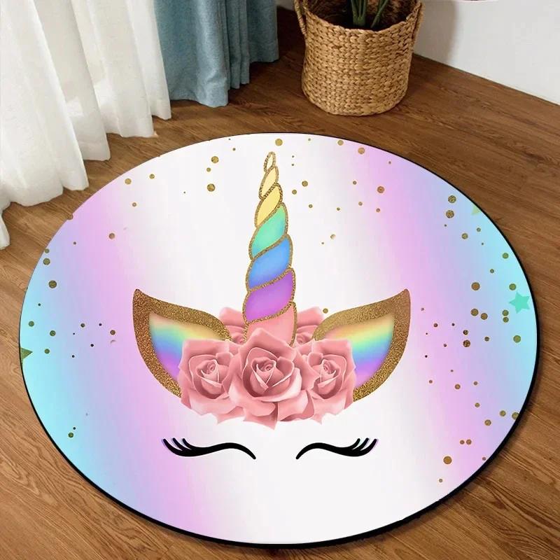 Cute Cartoon Unicorn Round Carpet Non-slip Rug for Office Living Room Bedroom Decor Soft Play Floor Mat Bathroom Kitchen Doormat