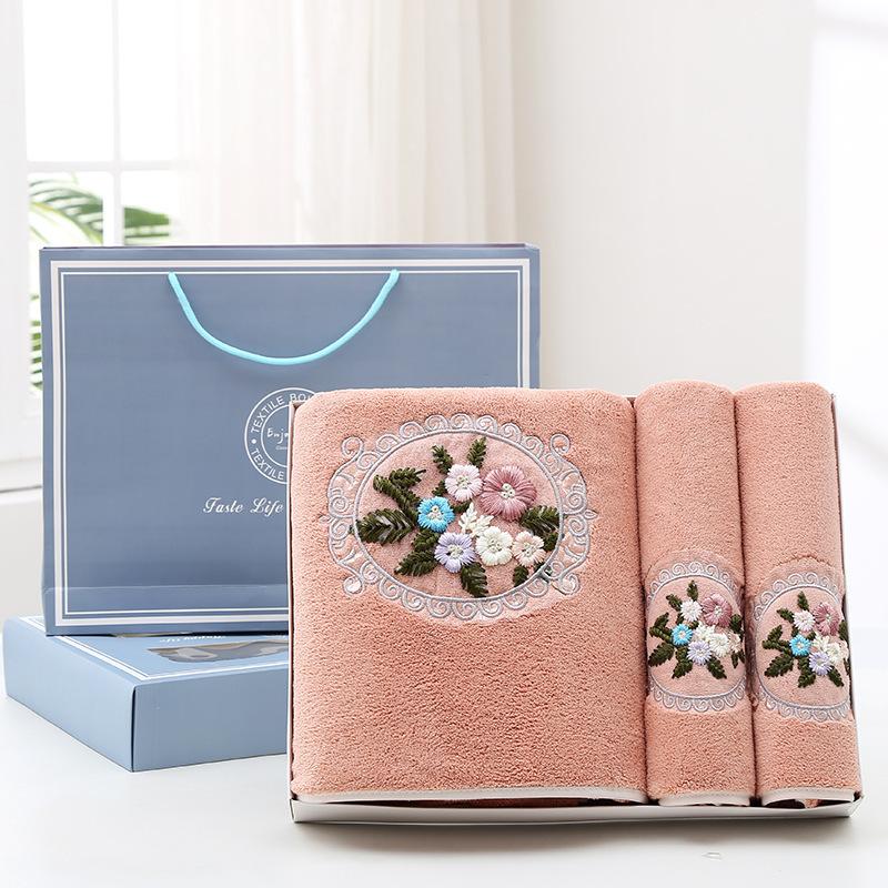 Wholesale Fashionable Two-piece Set of Fiber Absorbent Embroidered Towel Gift Box with Flower Towel Gift Box Bath Towel3pcs