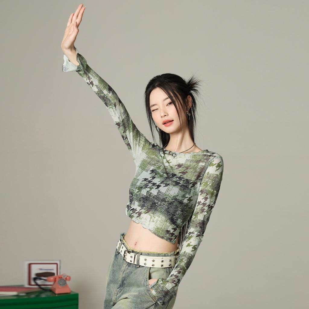 Pure desire spicy girl mesh long-sleeved T-shirt summer sunshade exposed navel round neck slim fit short top