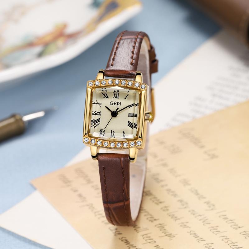 Light Luxury Temperament Niche Leather Women'S Watch Retro Square Diamond-Encrusted Student Watch High Value Small Sugar Cube Watch