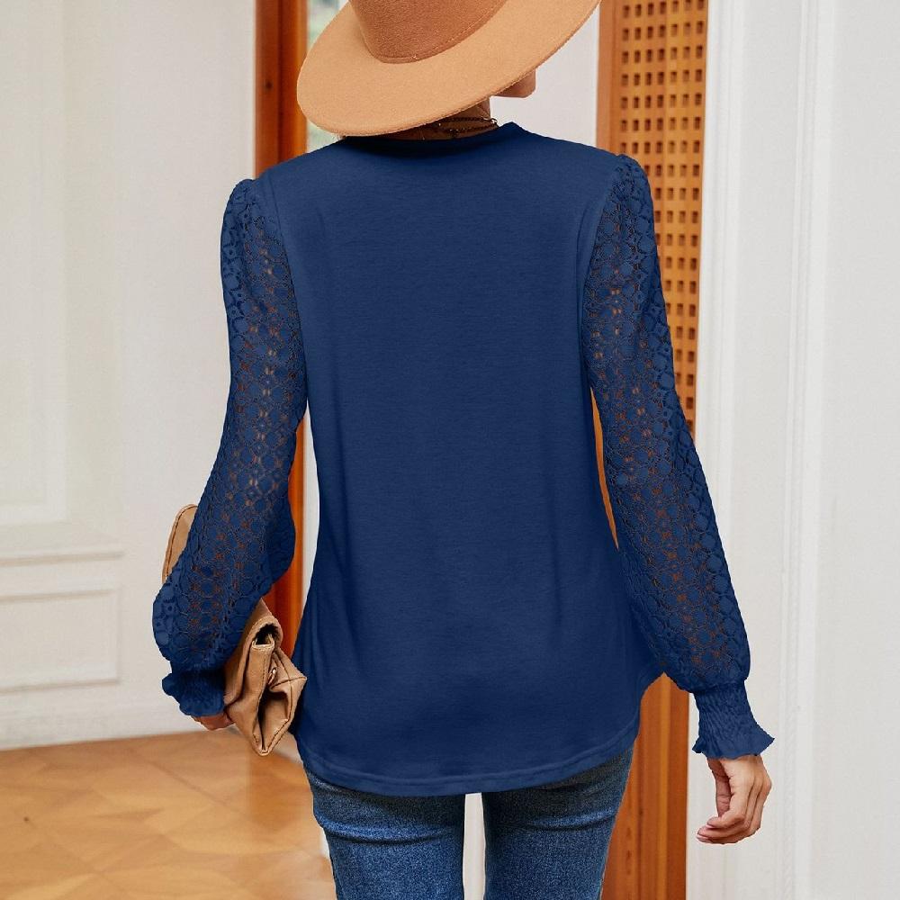 Women Autumn Spring Blouses and Shirts Lace Stitching V-neck Long Sleeve Casual Shirt Tops