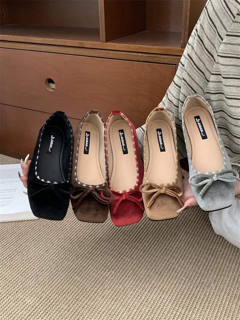 Square Head Retro Small Red Bow Shallow Mouth Evening Single Shoes Women's 2025 New Ballet Gentle Grandma Shoes