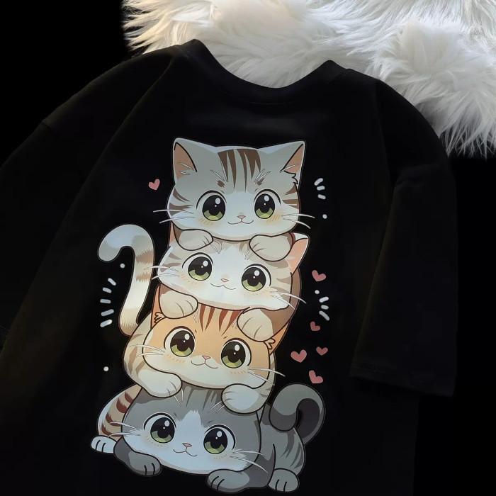 

Summer Japanese Cute Cartoon Stacked Cat Printed Shortsleeved Tshirt for Ladies and Boys Same Loose Casual Largesize Top 4XL