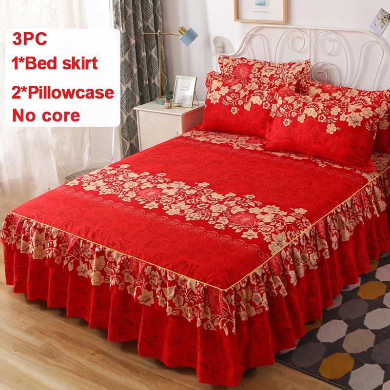 3PC Printed Bed Skirt Set 1Bed Skirt+2Pillowcases Floral Lace Bed Skirt Breathable Soft Bed Cover Bedding Set 360 ° Anti Slip Mattress Protector Cover