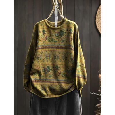 Kobieta Jesień Wiosna Vintage O-Neck Casual Luźny Retro Sweter Długie Rękawy Nadruk Sweter