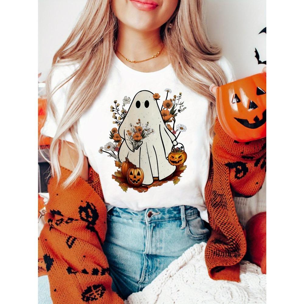 The Halloween Skeleton Pumpkin and Ghost Print T-shirt Casual Crew Neck Short Sleeve Top for Aesthetic Clothes