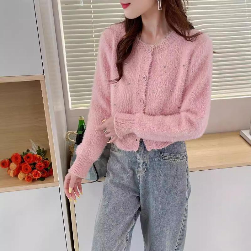 Heavy industry nails drill round neck long-sleeved sweater jacket women's autumn and winter new celebrity temperament high-end loose knitted cardigan