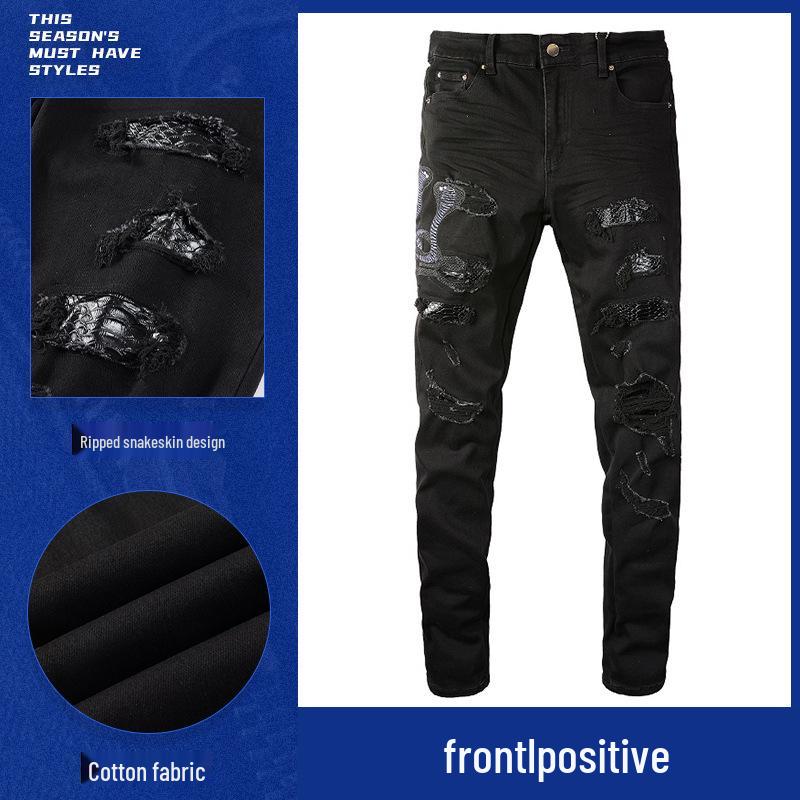 Herren Slim Fit Ripped Jeans mit Schlangenstickerei - Europäischer und Amerikanischer Stil