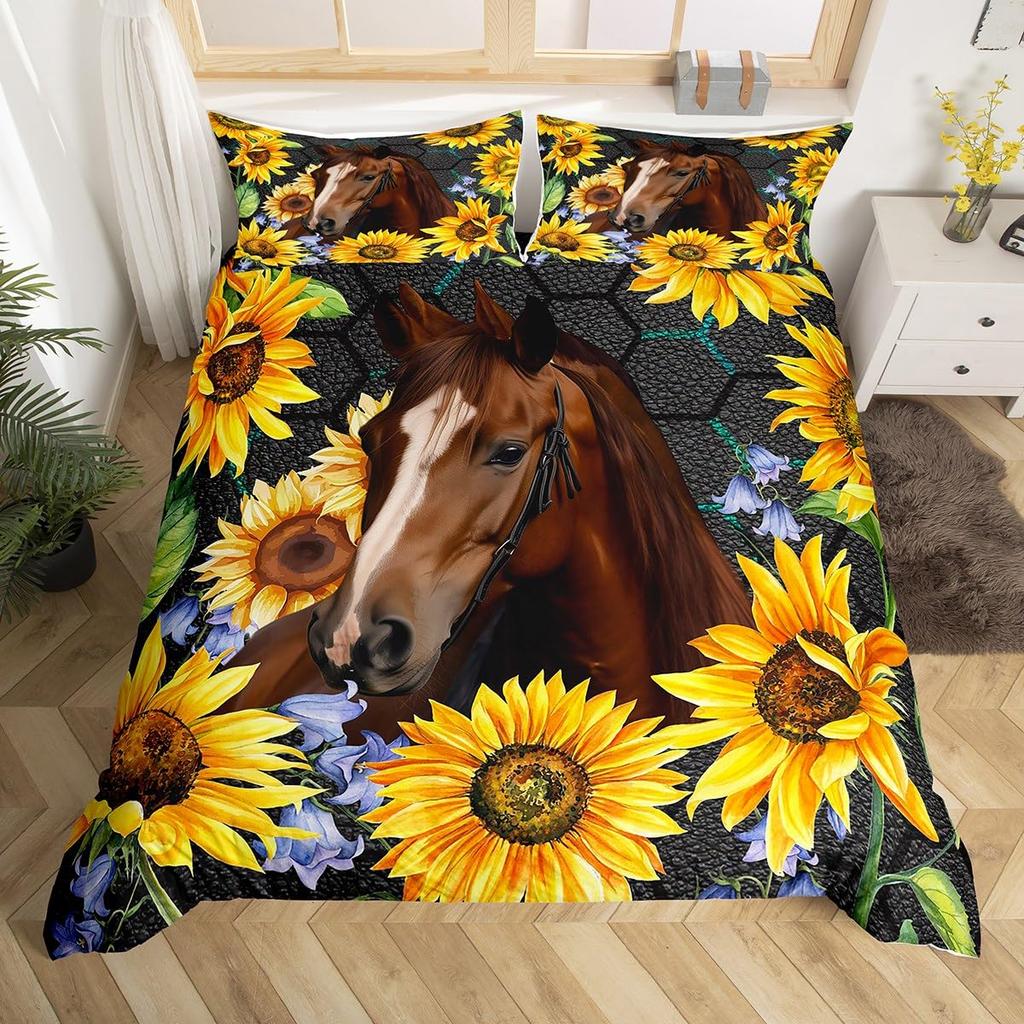 Horse Duvet Cover Western Cowboy Farmhouse Animal Bedding Set Soft Sunflower Floral Comforter Cover Twin Queen For Boys Girls