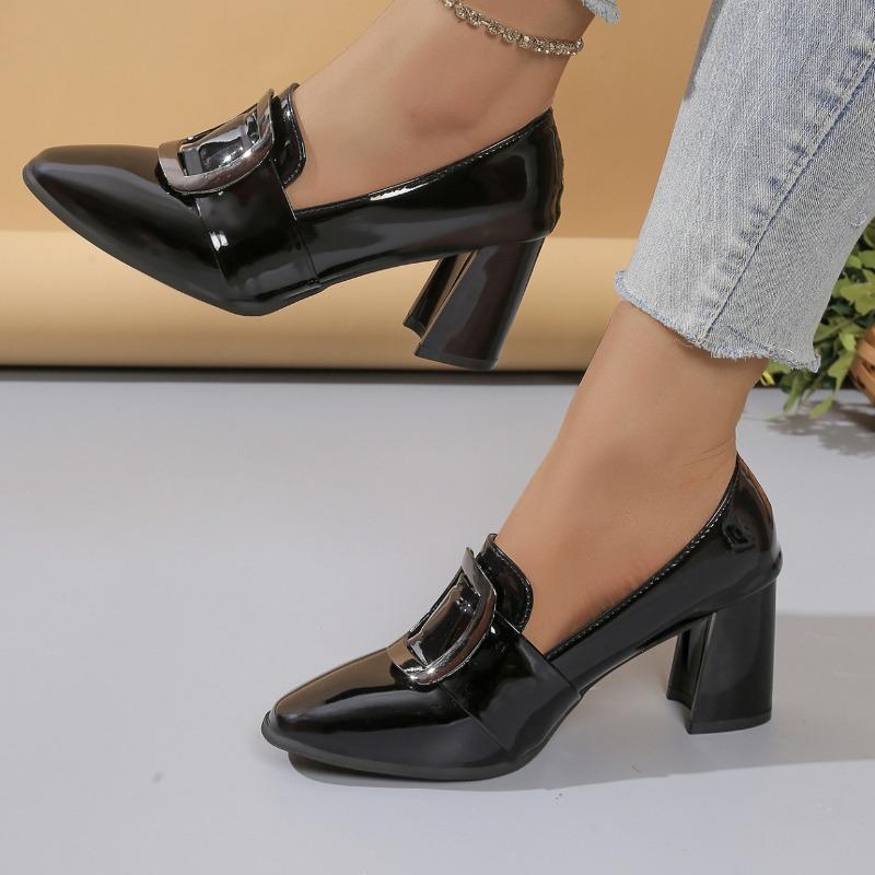 Fashionable simple and elegant Black Leather Heel Women 2025 Retro Metal Decoration Woman Square Toe High Heels Shoes