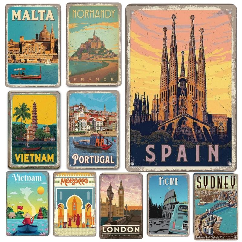 Segno Metallica Piatta D Set di Segni in Latta Vintage da Viaggio Malta Normandia Spagna Vietnam Portogallo Marocco Londra Roma Sydney Arte da Parete Retrò D